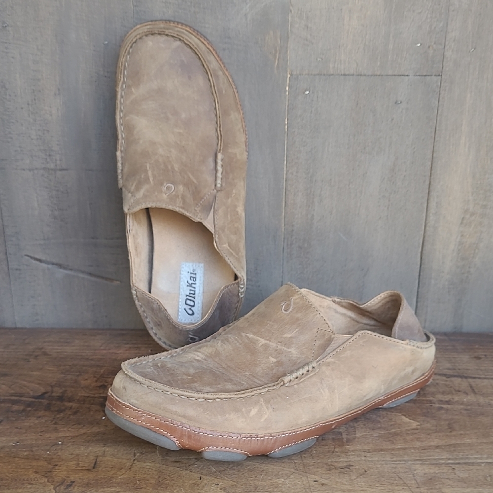 Olukai Moloa Shoes Men's Size 10 Brown Leather Slip On Shoes